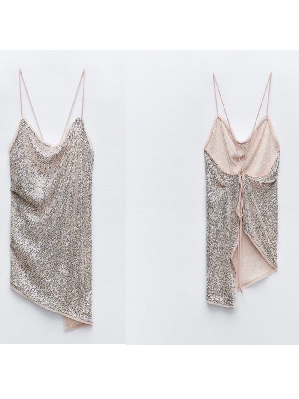 Zara beige sequin asymmetrical spaghetti strap open back blouse top M NWOT sexy